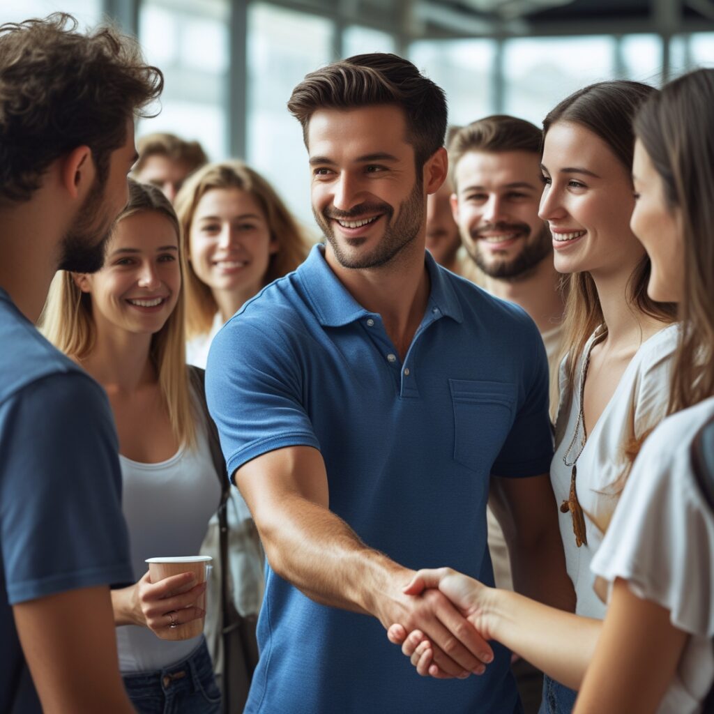A man shaking hands with new people, surrounded by friends, instead of being glued to his phone, symbolizing a real, fulfilling life beyond social media stalking.
