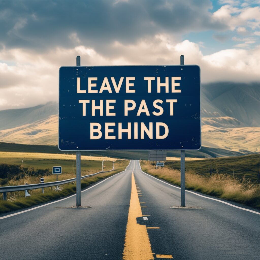 A road sign that says ‘Leave the Past Behind’ pointing forward, while ‘Check Her Phone’ points backward, representing the final decision.