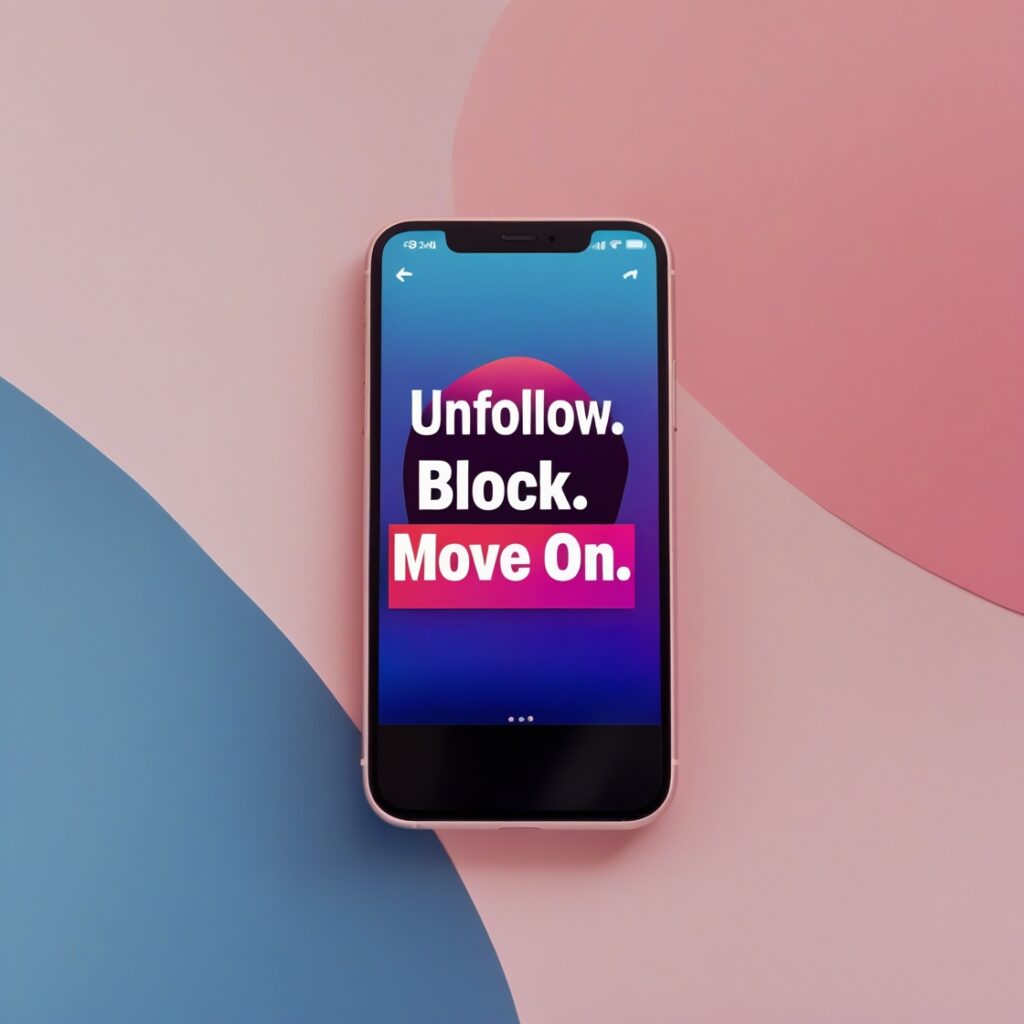 A visual of a smartphone with the words "Unfollow. Block. Move On." on the screen, representing the final step in reclaiming emotional control