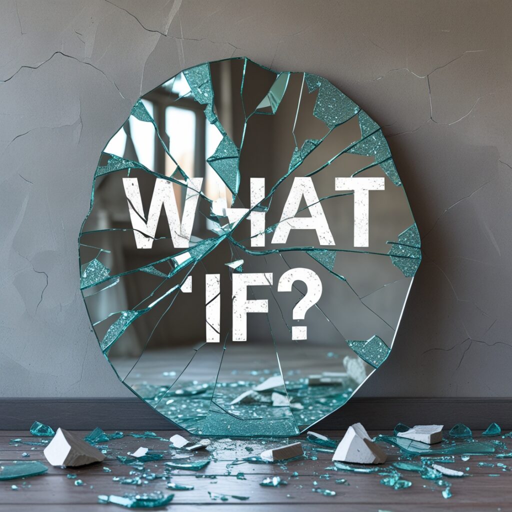 A shattered mirror with the words “What If?” broken across it – Symbolizing the destruction of regret.