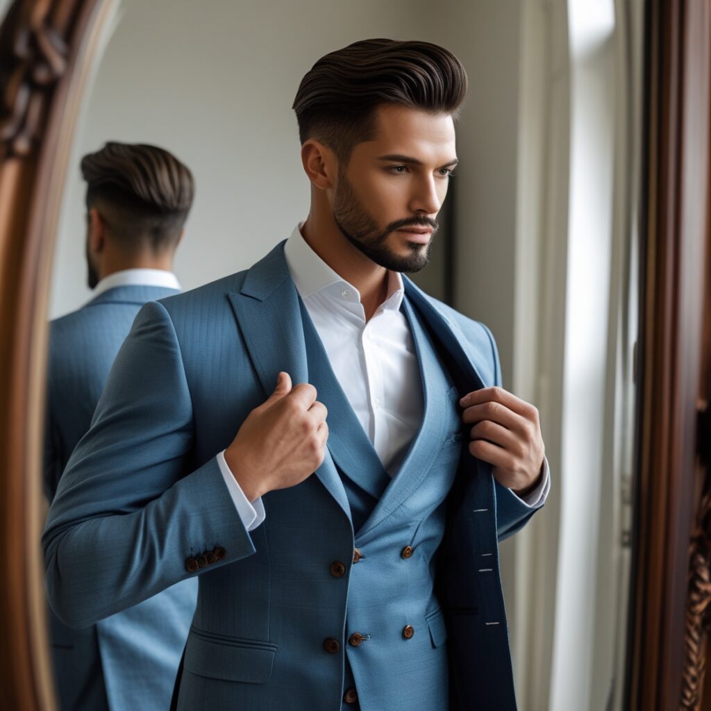 A stylish man adjusting his suit in a mirror, looking sharp and composed – Confidence through appearance.