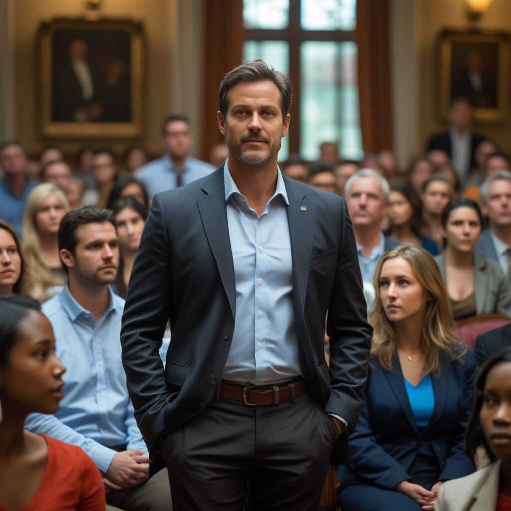 A room full of people with one man in focus, standing confidently while others look his way – Owning presence in social settings.