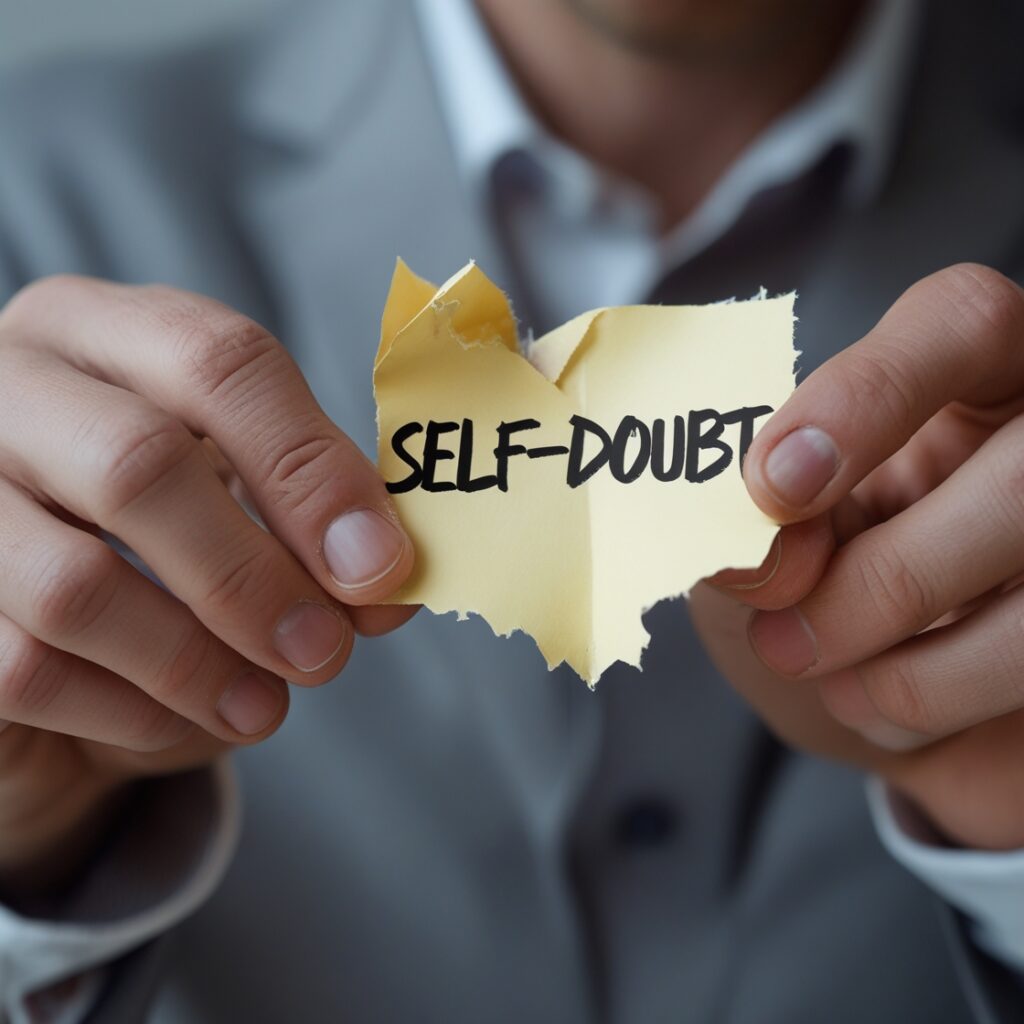 A man tearing up a note labeled “Self-Doubt” – Destroying limiting beliefs.