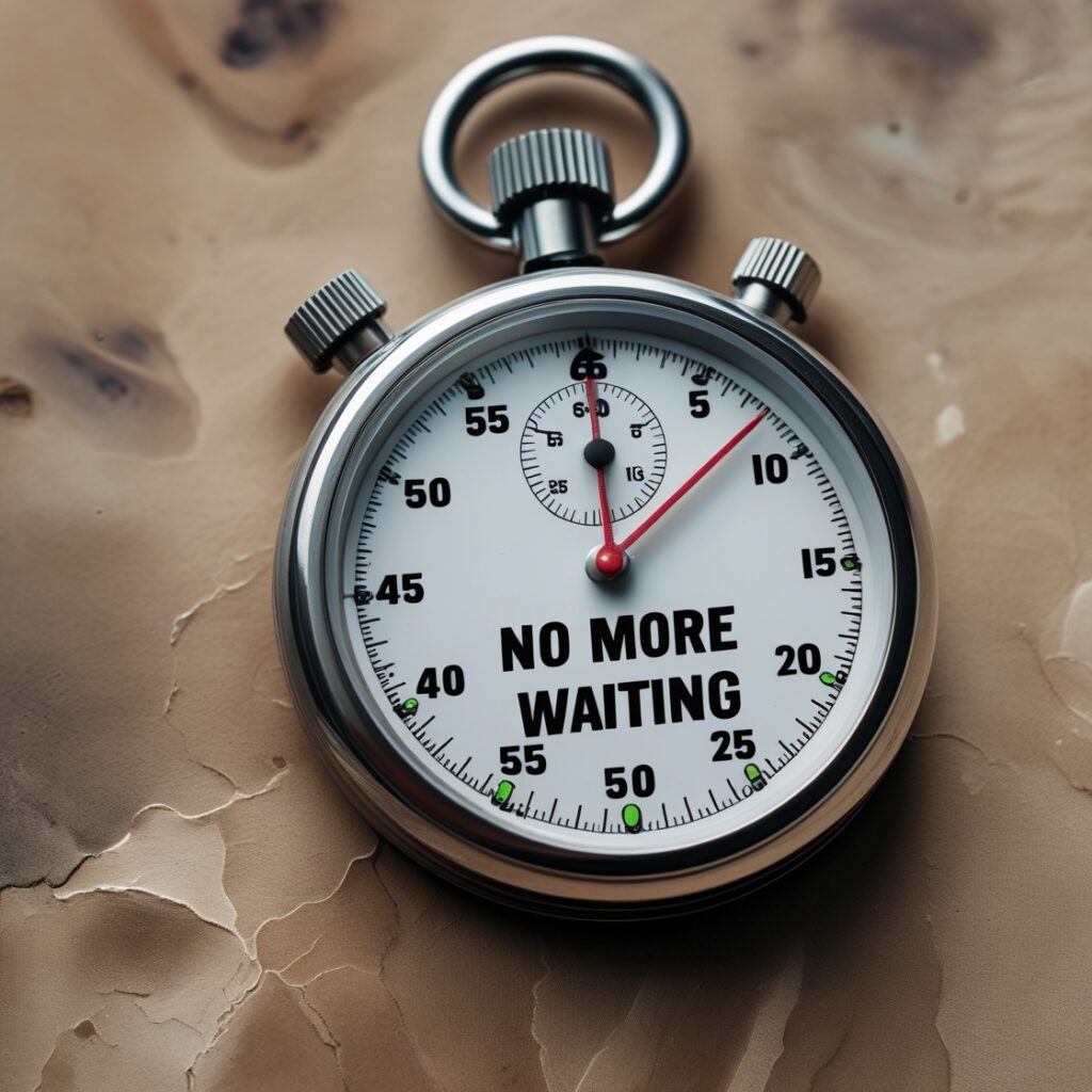 A stopwatch with “No More Waiting” written on it – The urgency of action.