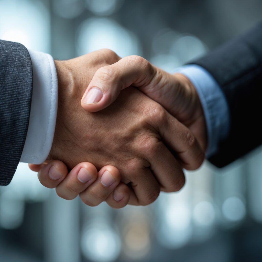 A close-up of a firm handshake, symbolizing self-assurance – Strong first impressions.