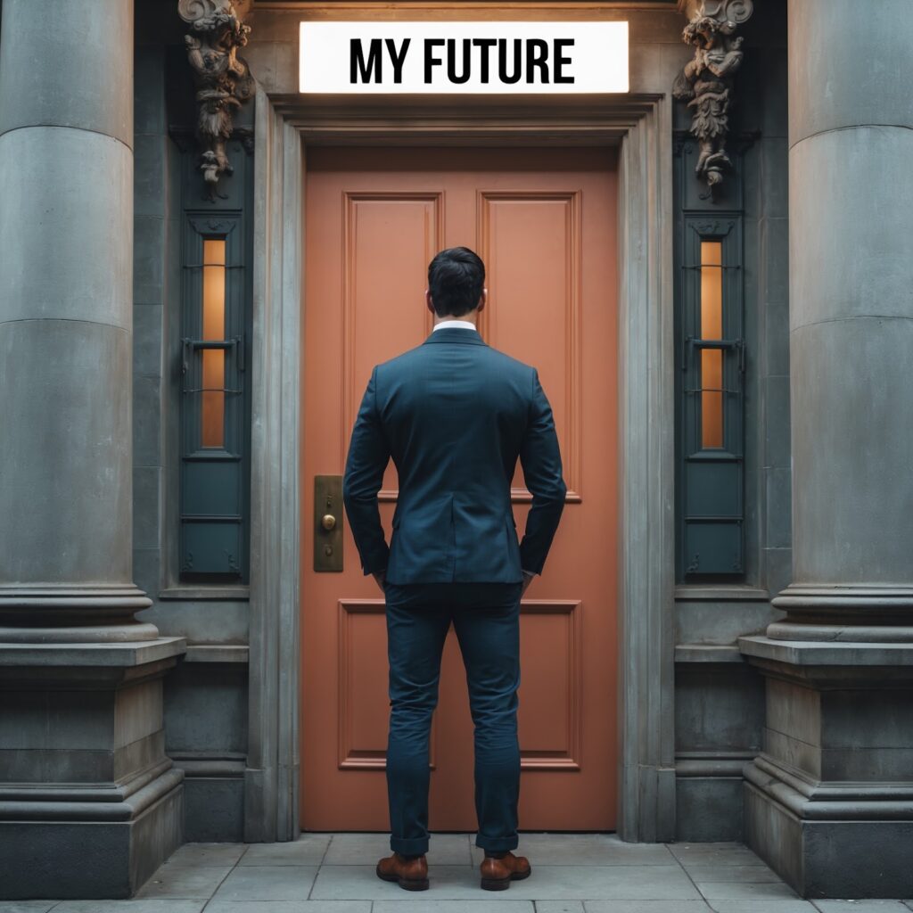 A man standing at a door labeled “My Future” while leaving a door labeled “Fear” behind him – A clear sign of stepping into confidence.