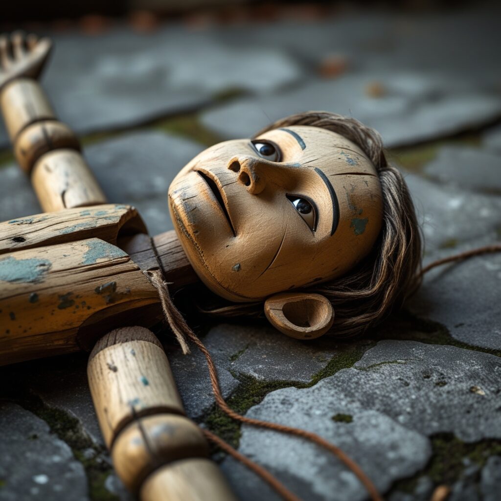 A puppet with cut strings, symbolizing freedom from external validation.