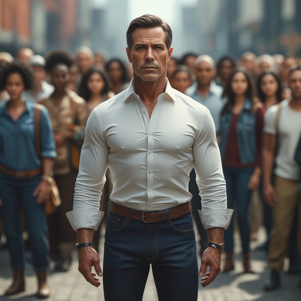 A man standing alone, looking at a large crowd behind him, but facing forward confidently, showing he no longer needs their approval.