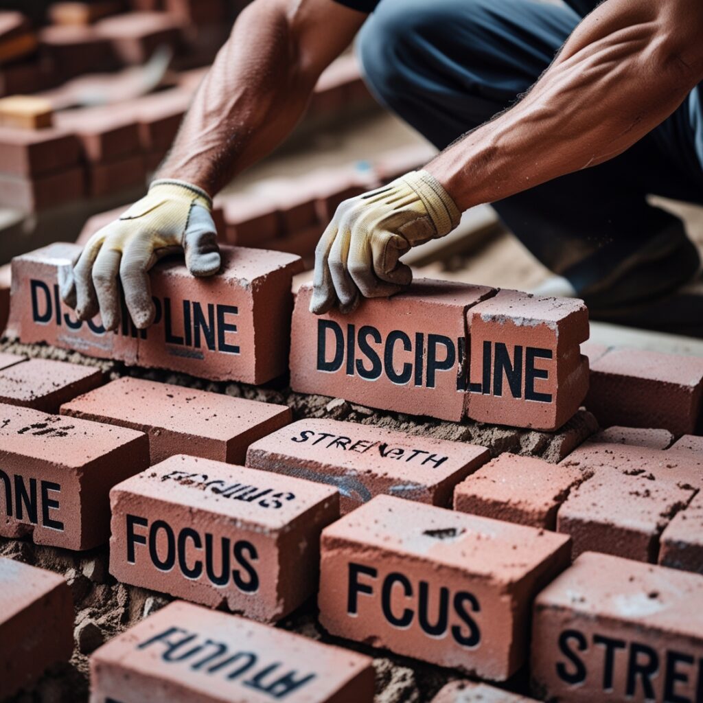 A man laying bricks with words like "Discipline," "Focus," and "Strength" written on them, symbolizing the building blocks of real confidence.