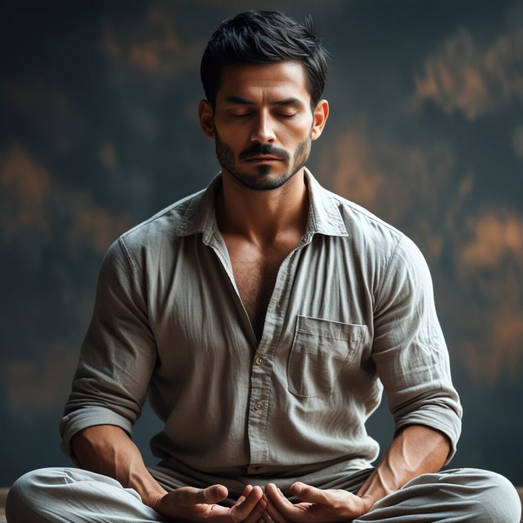 A man meditating with a look of determination, not peace, symbolizing mental control over emotions.