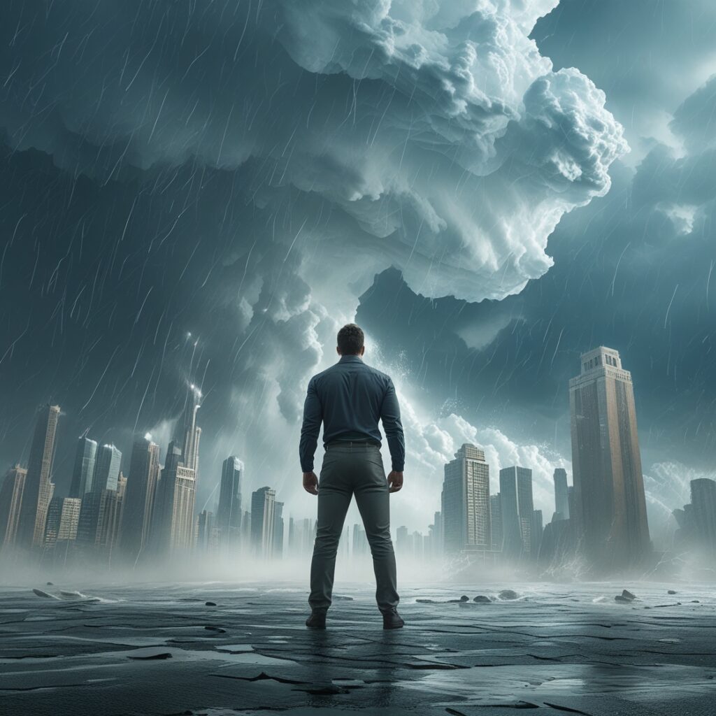 A man standing tall in front of a storm, unshaken, representing mental and emotional resilience.