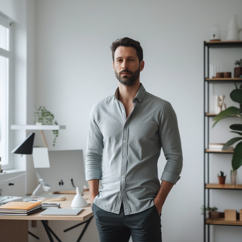 A man standing in a clean, minimalist room with an organized desk, symbolizing a fresh start and a productive space.