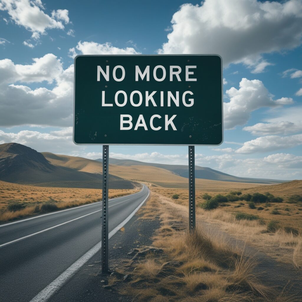 A road sign that says “No More Looking Back”, symbolizing choosing progress over dwelling on the past.