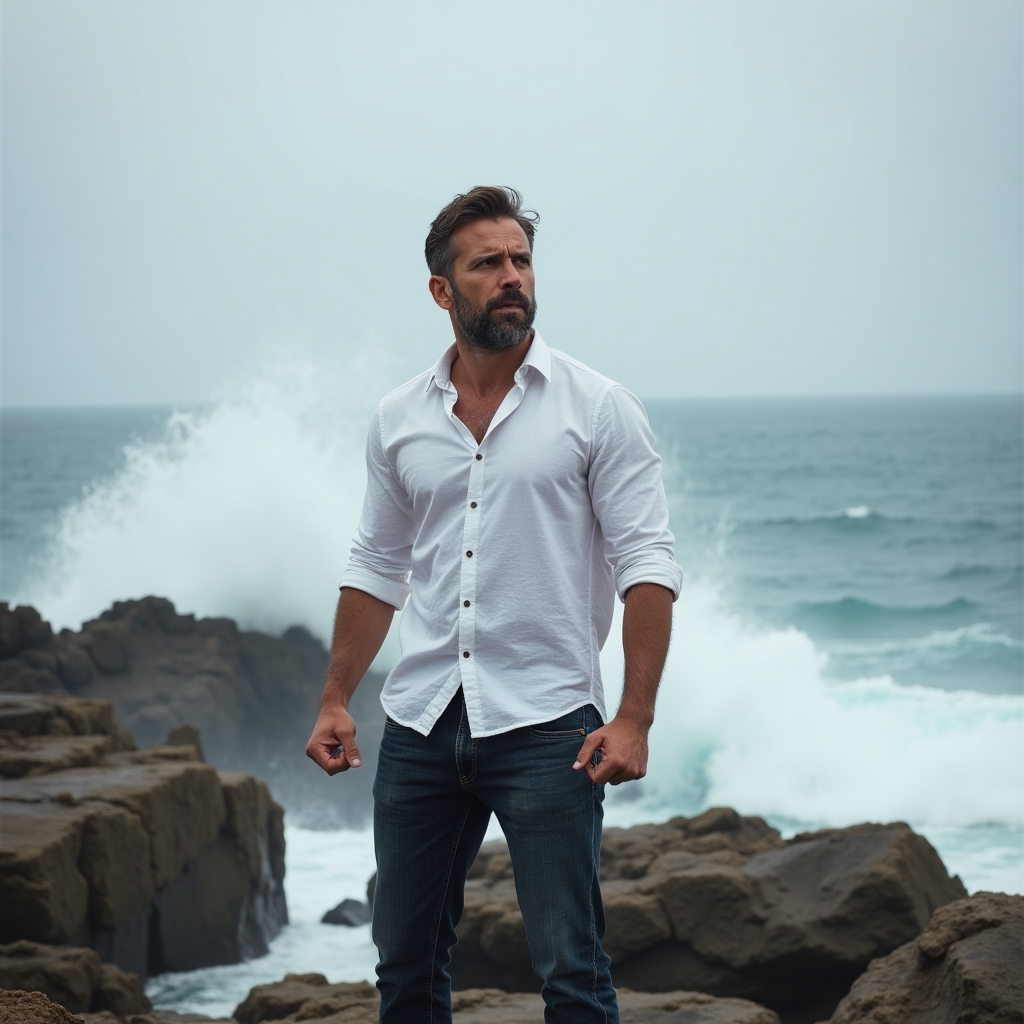 Man standing alone by the ocean with crashing waves, symbolizing emotional turbulence and frustration after a breakup