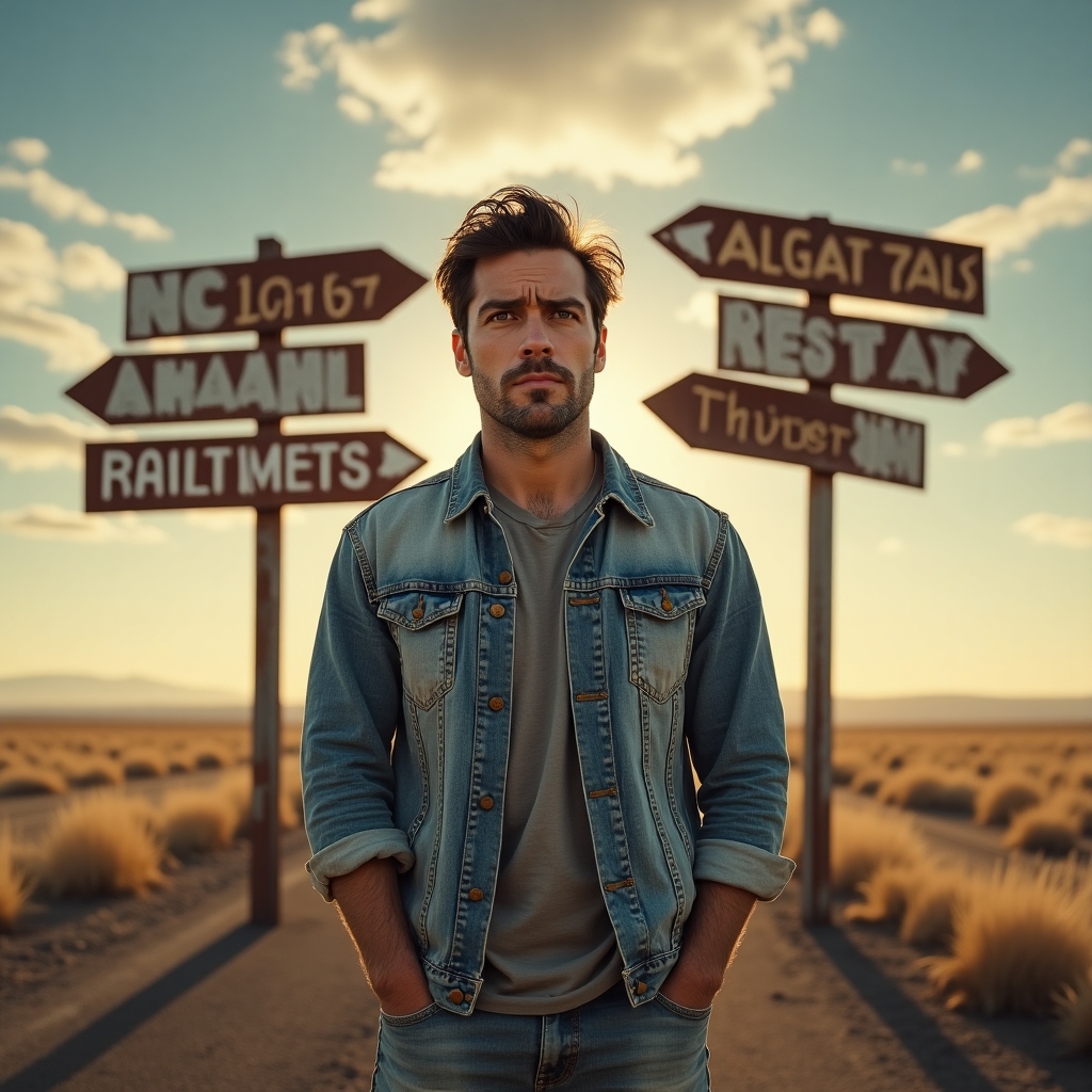 Man standing at a crossroads with signs pointing in different directions, symbolizing emotional indecision and bargaining after a breakup