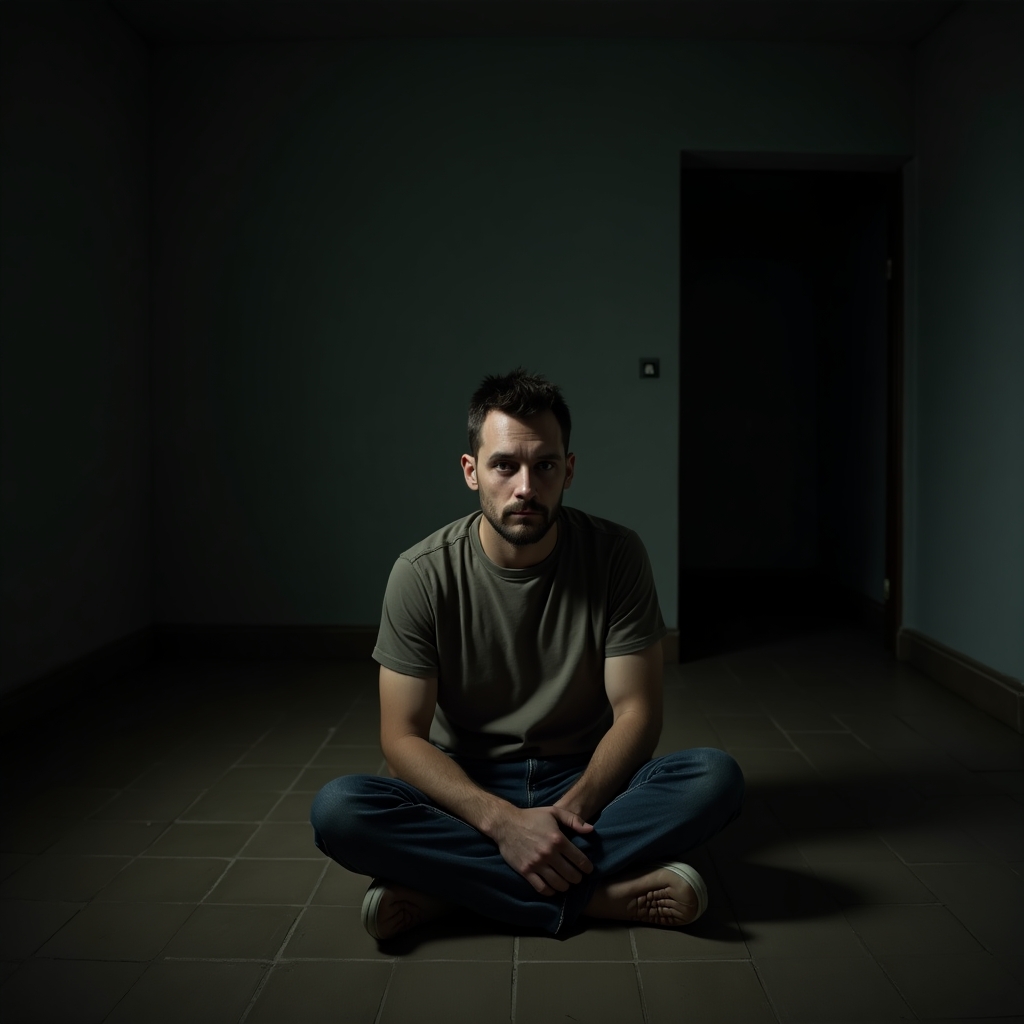 Man sitting alone on the floor of an empty room, surrounded by shadows, feeling emotionally isolated and hopeless after a breakup.