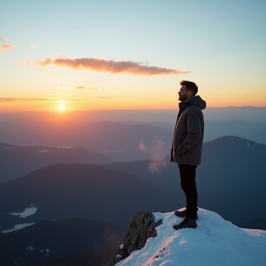 Man standing on a mountaintop at sunrise, looking at the horizon, embracing emotional freedom and new beginnings after accepting a breakup