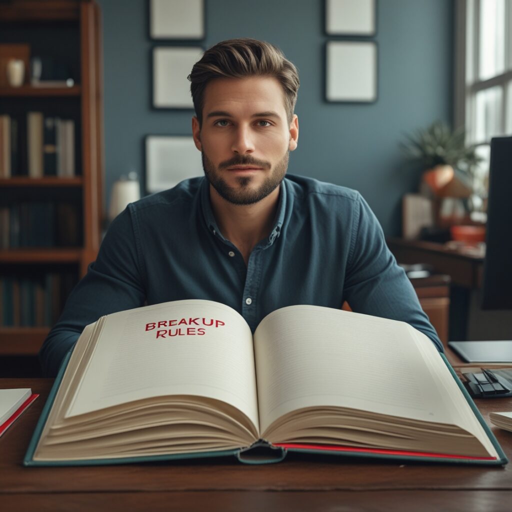 A man sitting at a desk with a book open titled “Breakup Rules” and the pages are blank, representing how every breakup is different.