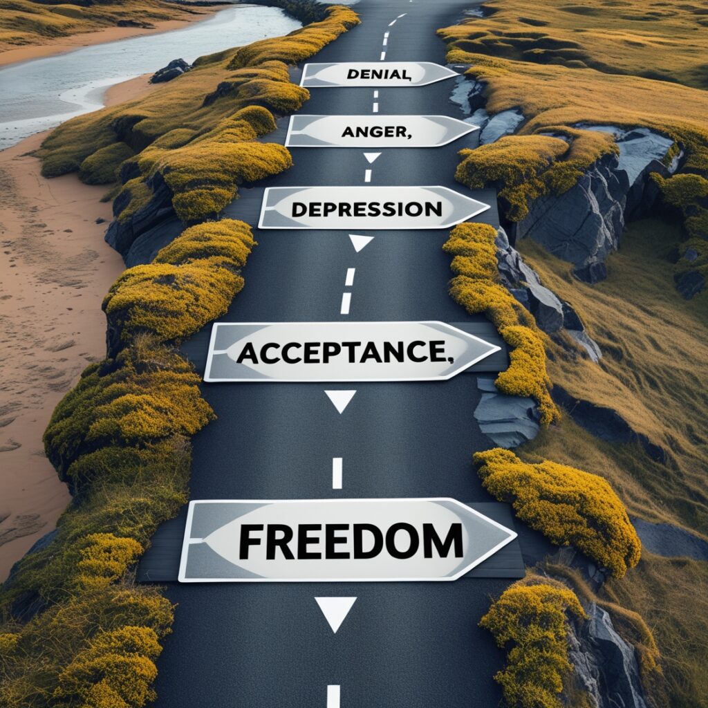A roadmap with different phases labeled “Denial,” “Anger,” “Depression,” and “Acceptance,” leading to “Freedom,” visualizing the stages of breakup recovery.