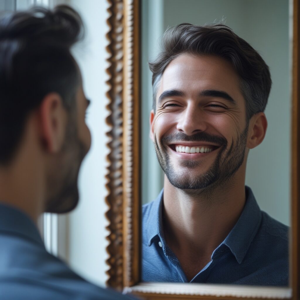 A mirror reflection where the man is finally smiling instead of looking miserable, symbolizing internal healing.