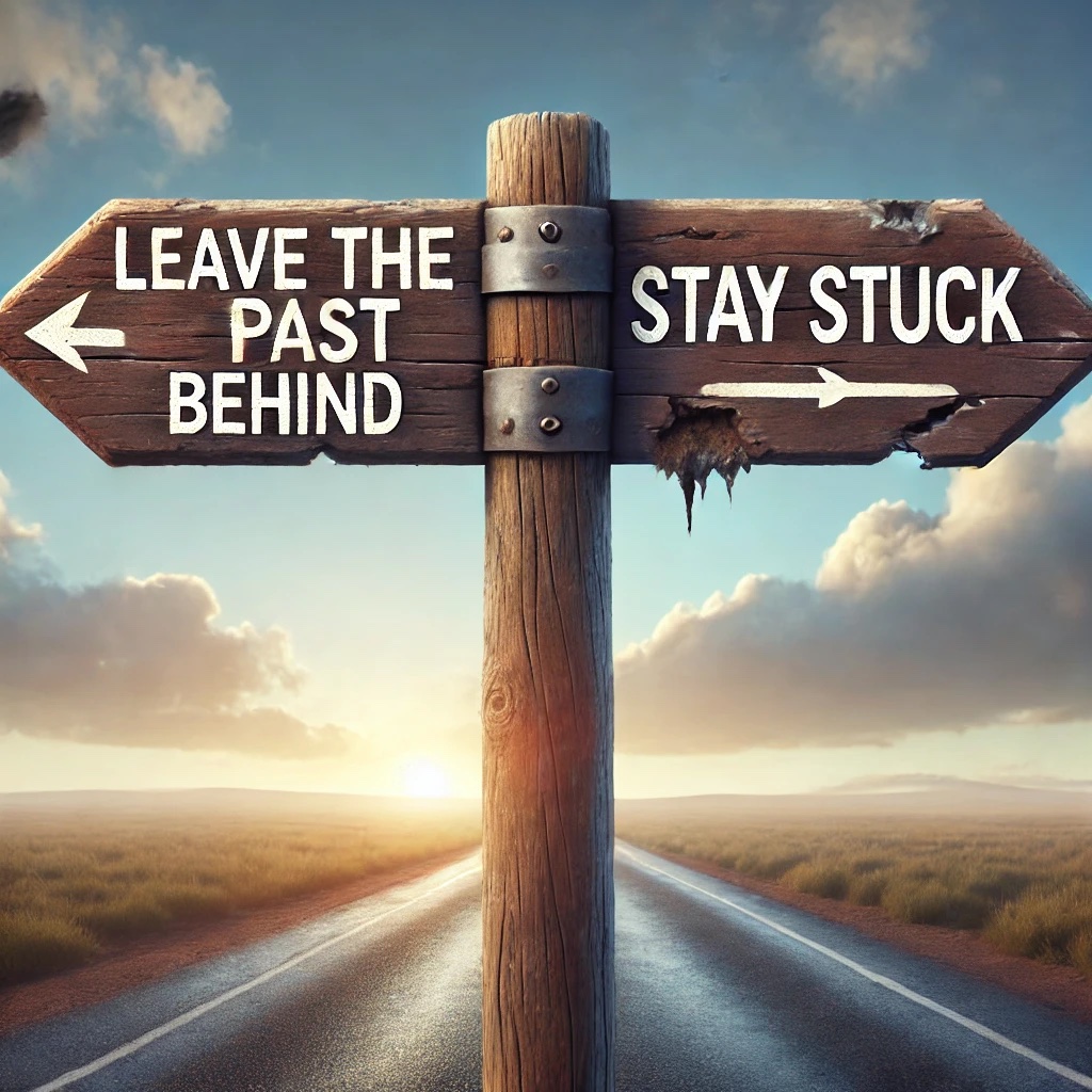 A road sign that says “Leave the Past Behind” pointing forward, while “Stay Stuck” points backward, symbolizing the final decision to move on.