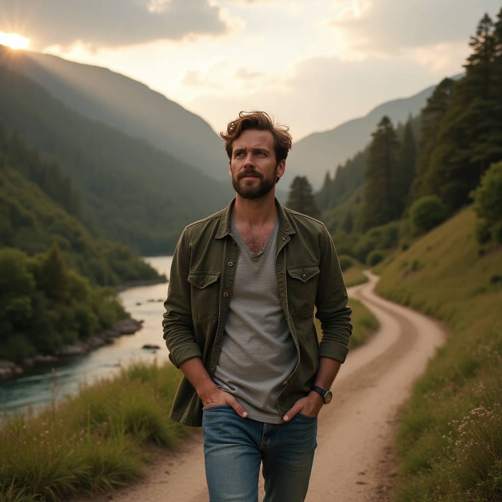 Man walking on a winding path with light breaking through the clouds, symbolizing the emotional journey of healing after a breakup.