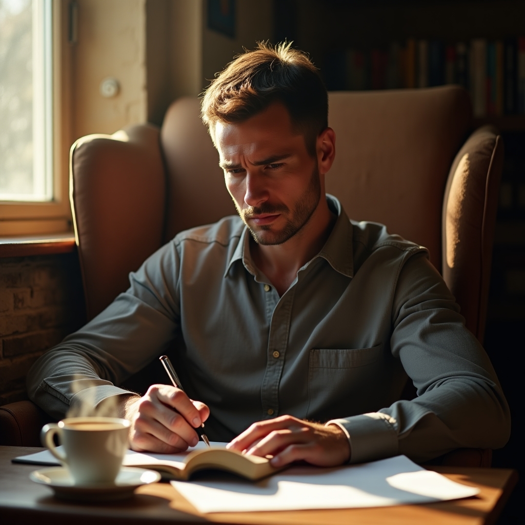 Man journaling with a contemplative look, symbolizing emotional processing and self-reflection after a breakup.