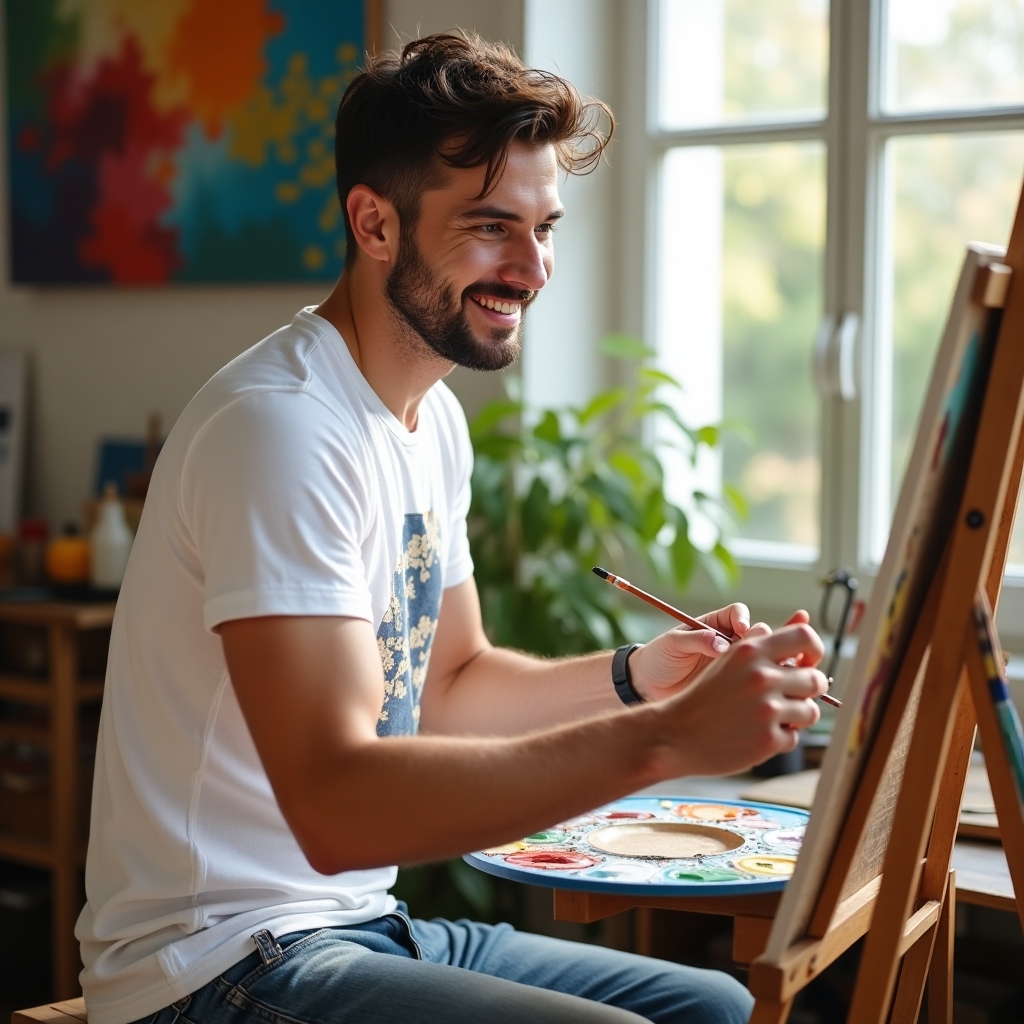 Man engaged in a new hobby, smiling and focused, symbolizing self-discovery and identity reclamation after a breakup.