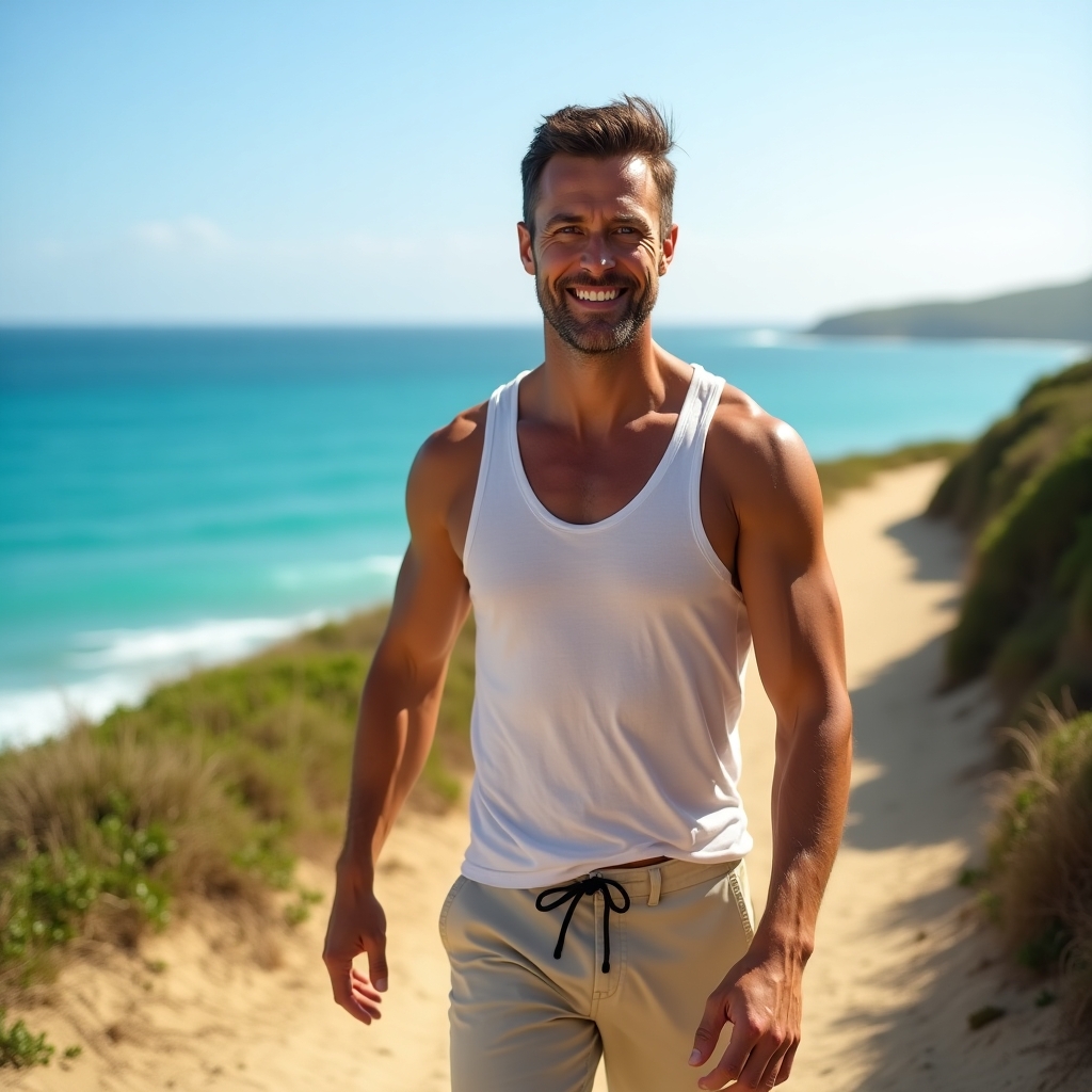 Man walking confidently along a scenic coastal path, symbolizing emotional growth and new beginnings after healing from heartbreak.
