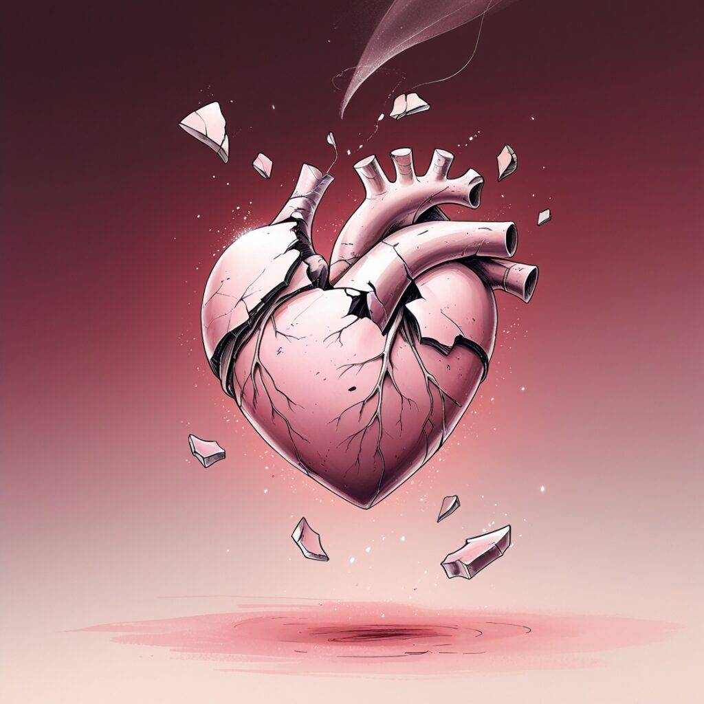 A broken heart illustration with shattered pieces falling apart, representing the emotional and chemical withdrawal of heartbreak