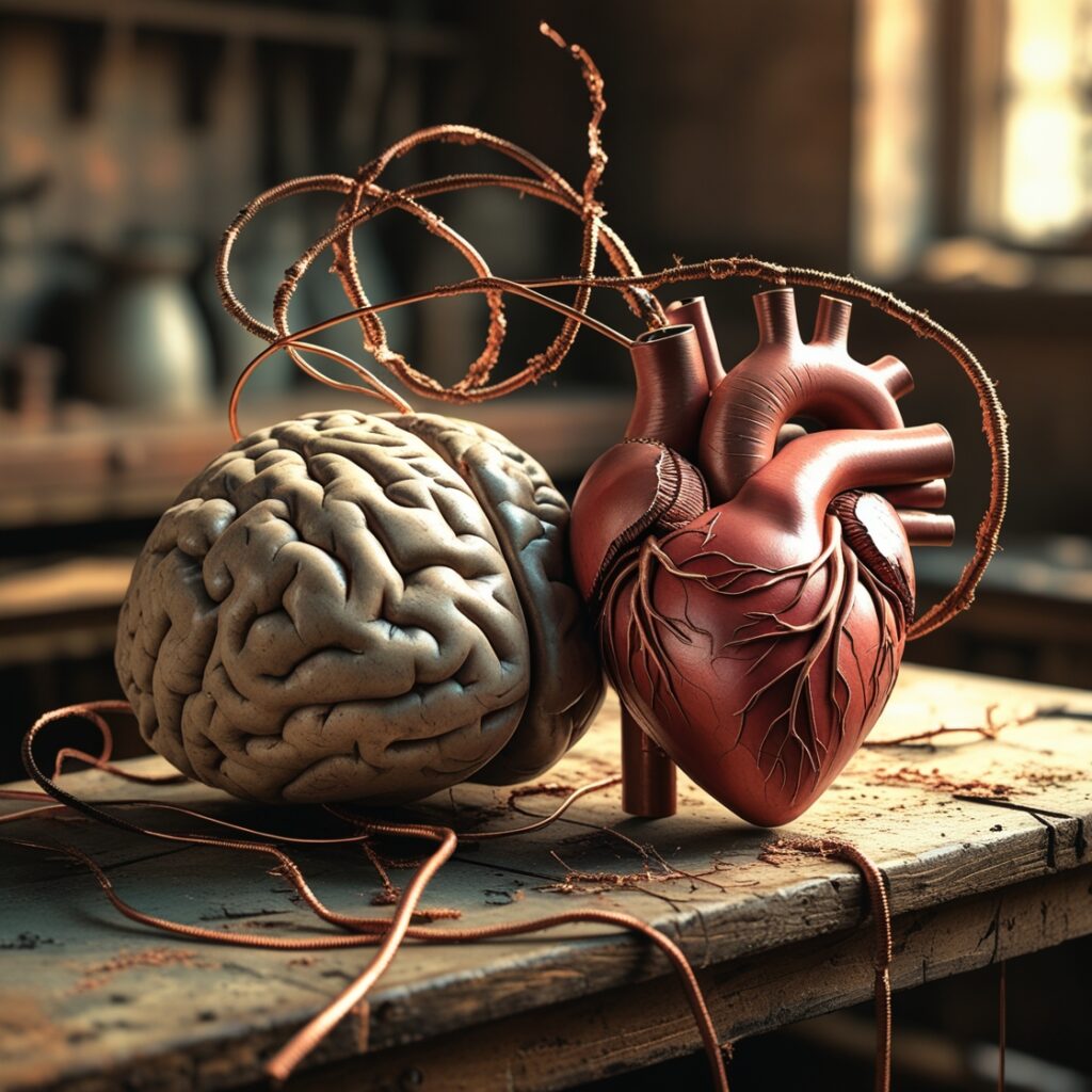 A brain and heart side-by-side, connected by frayed wires, showing the scientific and emotional effects of a breakup