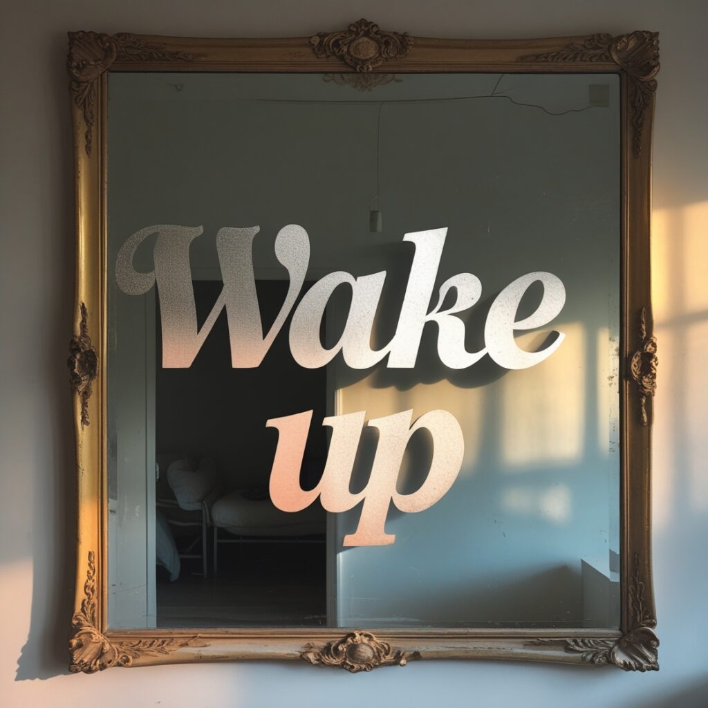 A mirror with "Wake up" written in bold letters, emphasizing the need to stop romanticizing the past.
