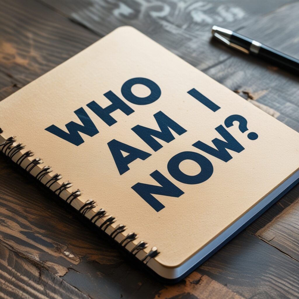 A notebook with the words "Who Am I Now?" written on it, symbolizing rediscovering oneself after a breakup