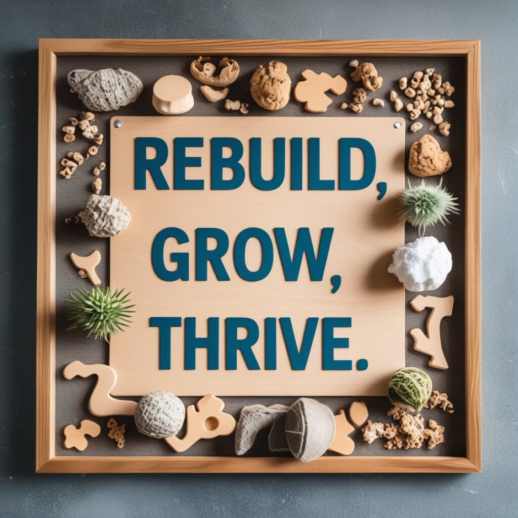 A goal-setting board with "Rebuild, Grow, Thrive" written on it, representing personal development