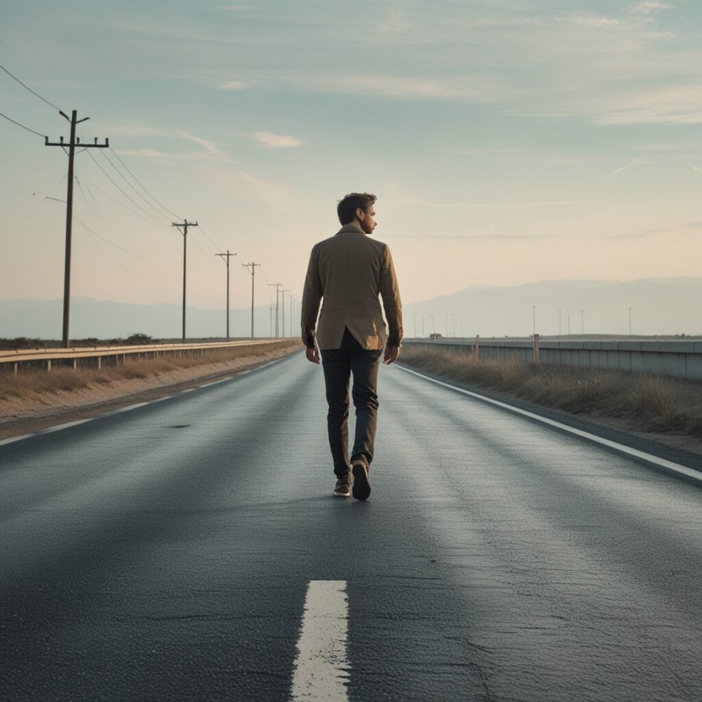 A man walking down an empty road, symbolizing the journey of moving forward alone.