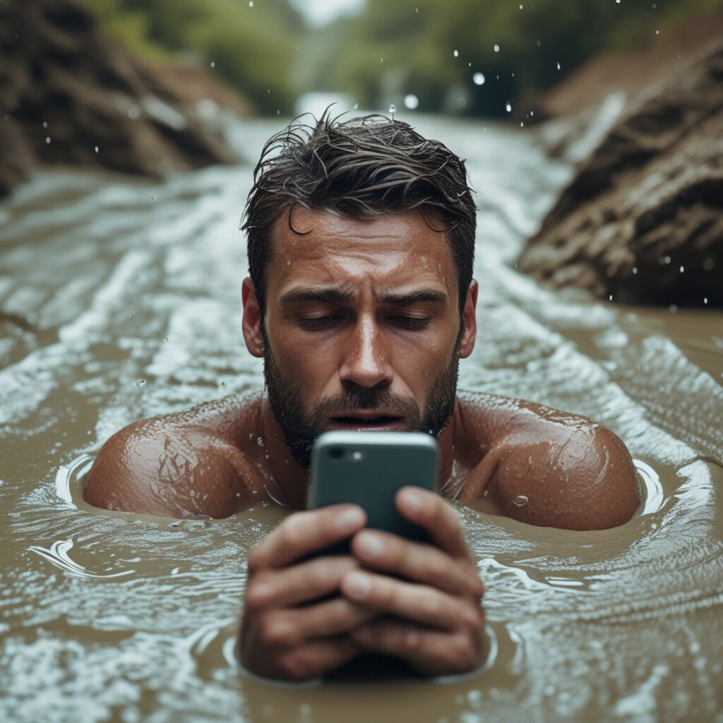 A man drowning in quicksand while holding onto his phone, symbolizing social media obsession – Representing self-sabotage and staying stuck.
