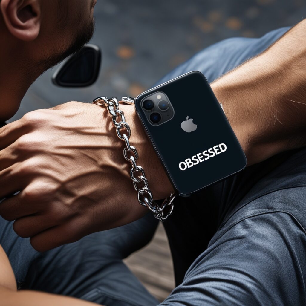 A chain connecting a man’s wrist to his phone labeled “Obsessed” – Showing how checking up on her keeps you in emotional shackles.