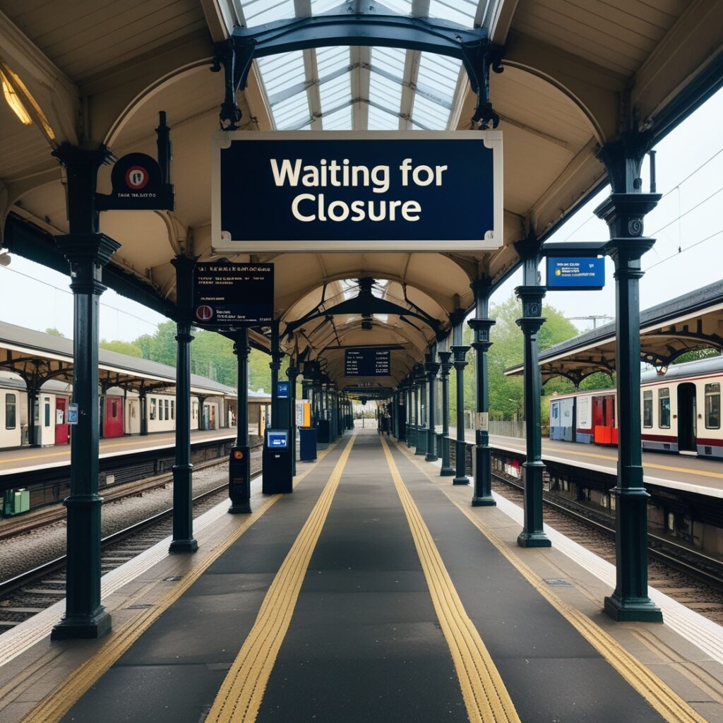 A train station with a sign that says ‘Waiting for Closure’ but no train in sight – Metaphor for closure that never comes.