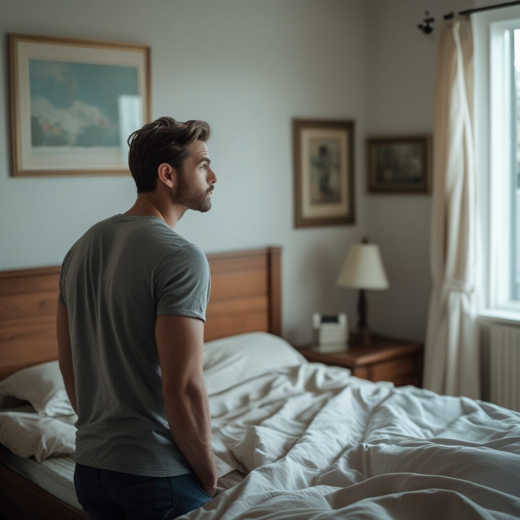 A man looking at an empty bed, but in his mind, he still sees her there – Showing how nostalgia distorts reality.