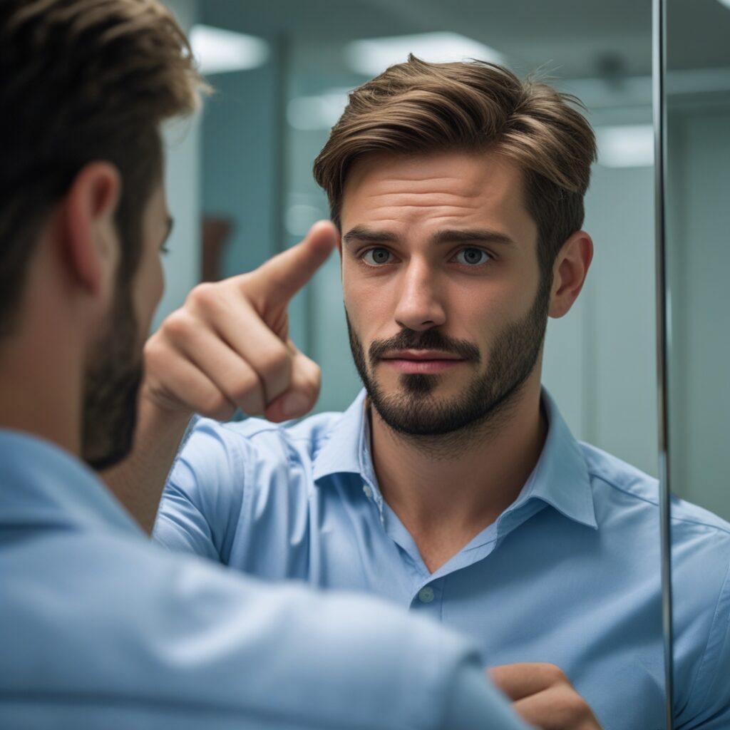 A man pointing fingers at a mirror, only to realize he’s pointing at himself – Representing the need to take accountability.
