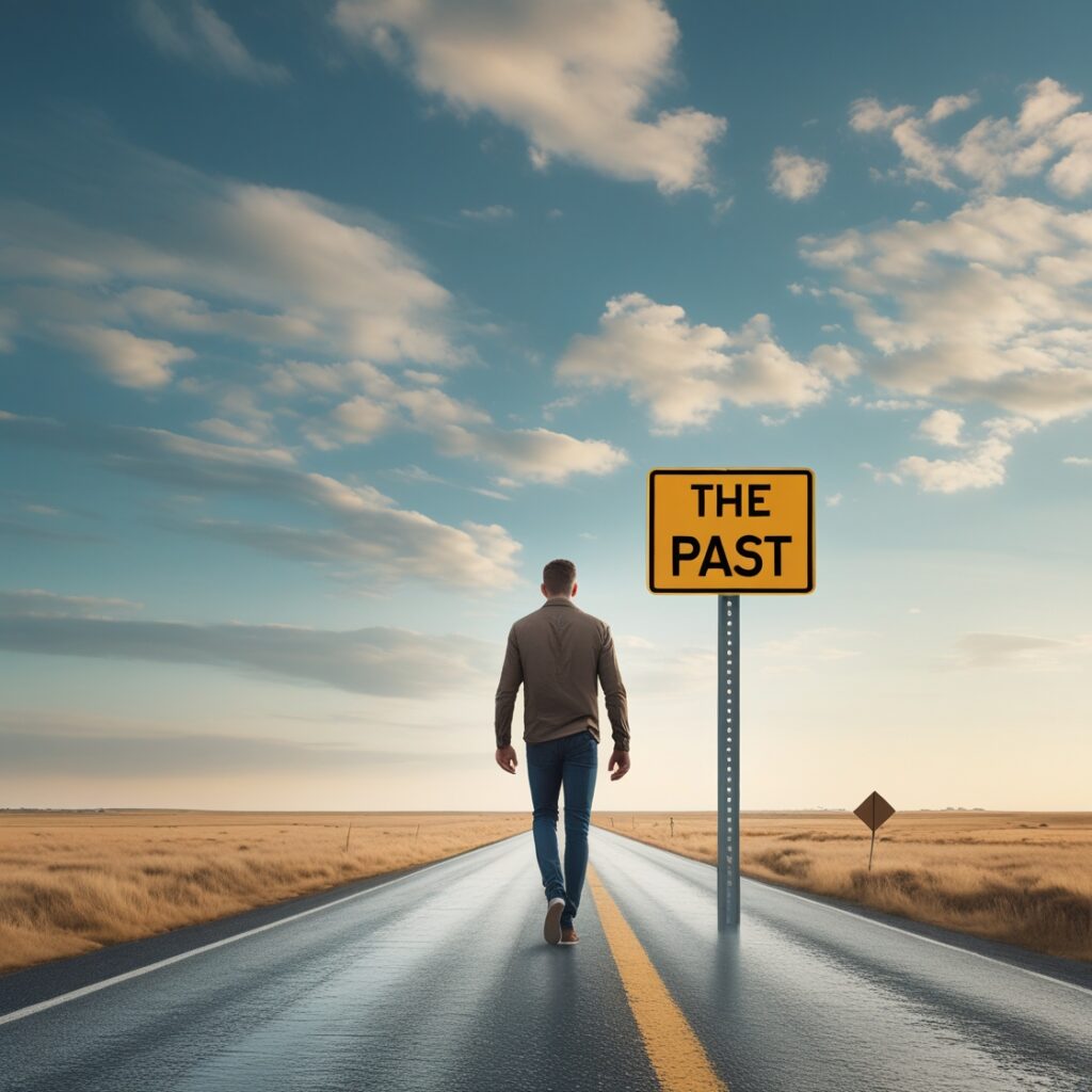 A man walking confidently toward the horizon, leaving behind a road sign that says ‘The Past’ – Representing moving forward for good.