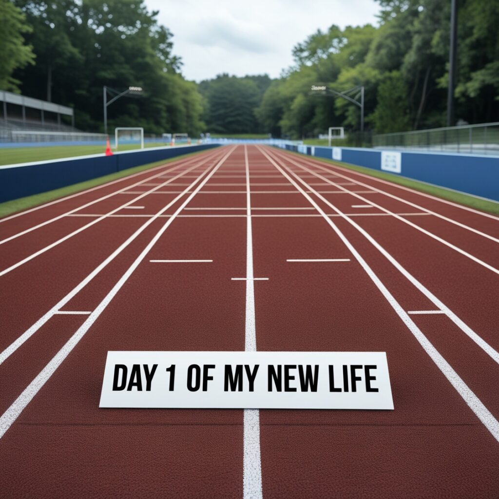 A running track with the starting line labeled “Day 1 of My New Life” – A symbolic reset.