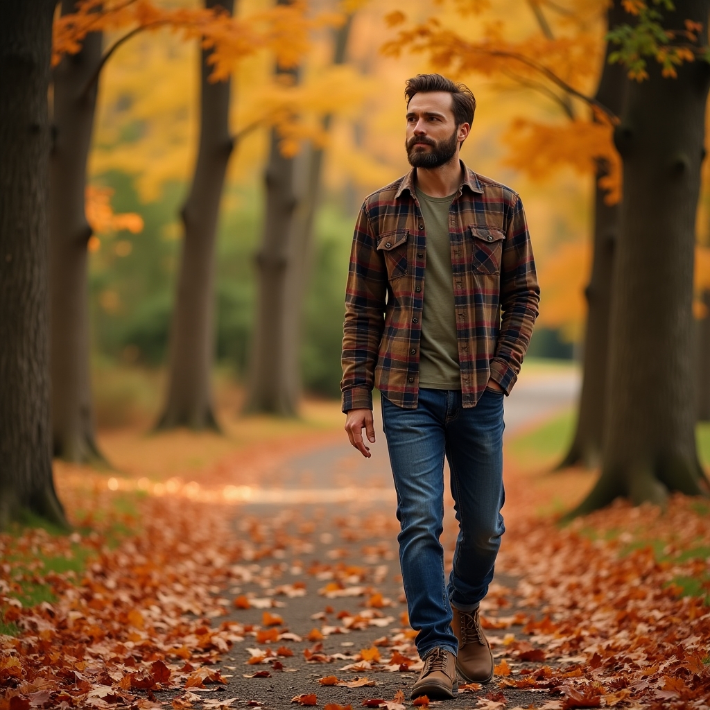 Man walking through a path covered in fallen autumn leaves, symbolizing emotional transition and healing after heartbreak.