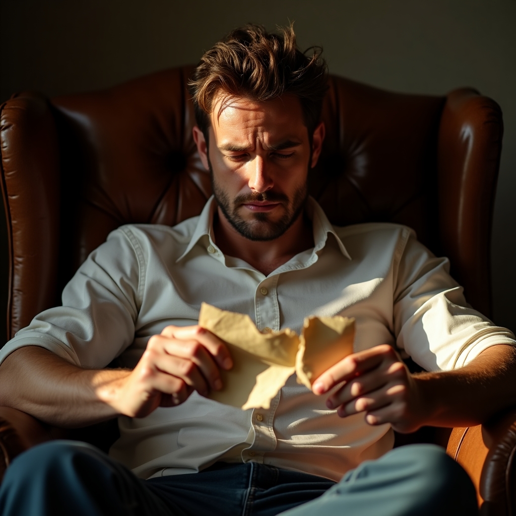 Man tearing up a letter with a pensive look, symbolizing emotional release and letting go of closure after heartbreak.