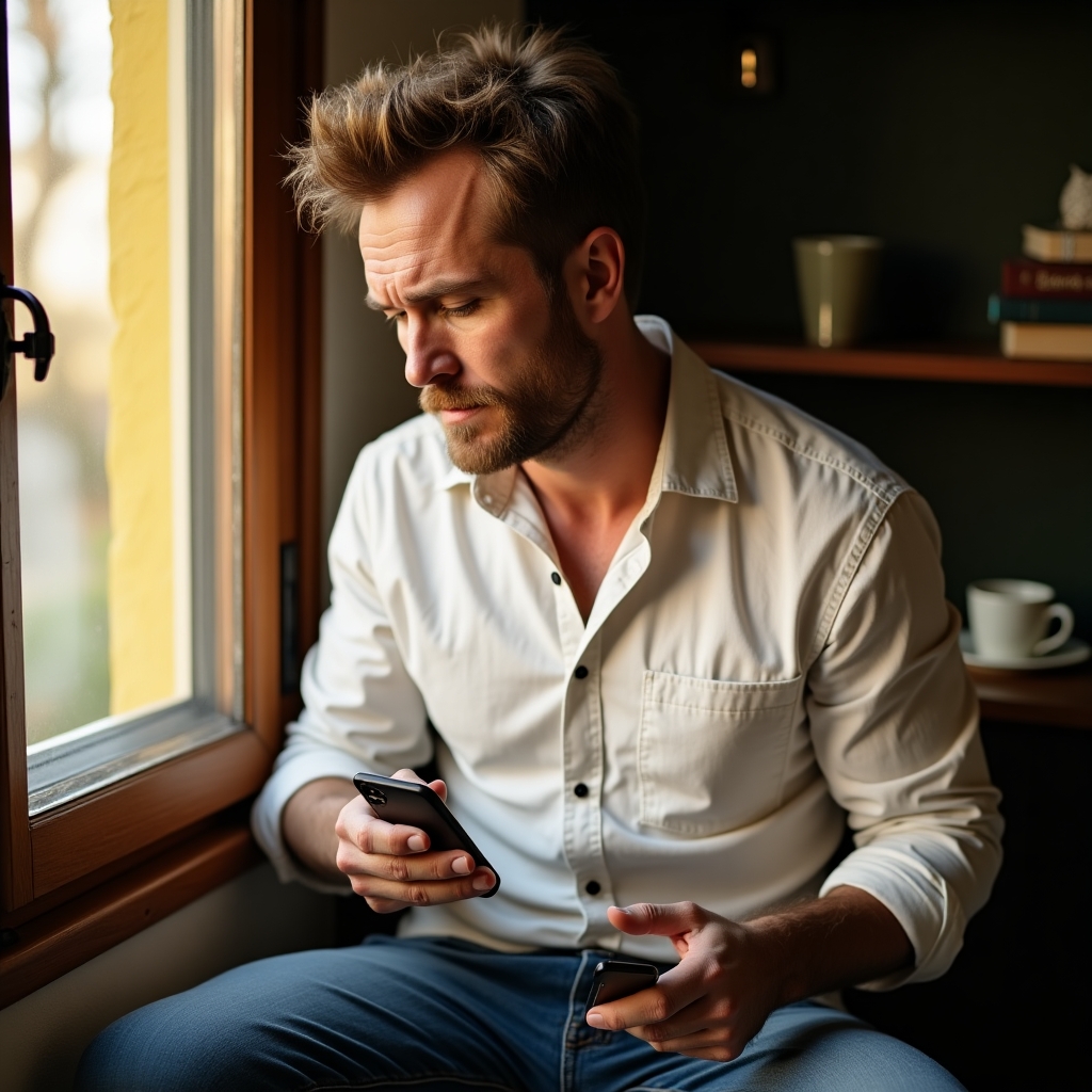 A man sitting by a window with sunlight streaming in, looking at his phone with a resigned expression, then putting it away