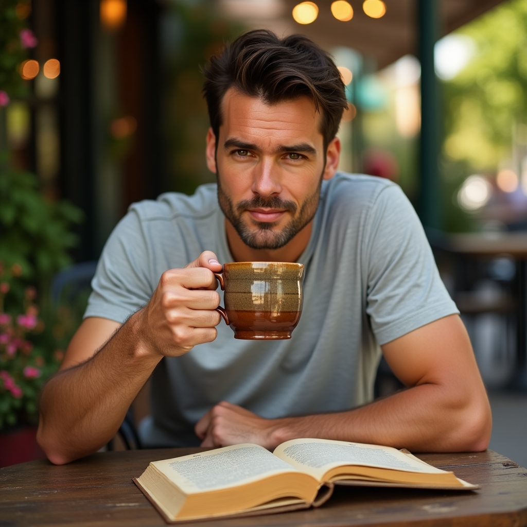 Man sitting at an outdoor café, sipping coffee and reading a book, symbolizing emotional peace and enjoying solitude after heartbreak