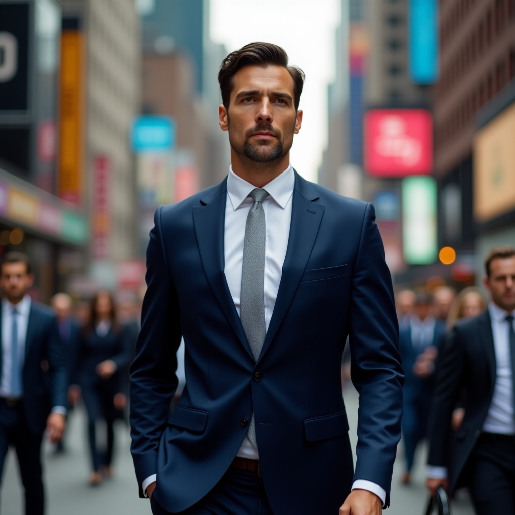 Man walking confidently through a bustling city street, symbolizing emotional resilience and confidence after healing from heartbreak