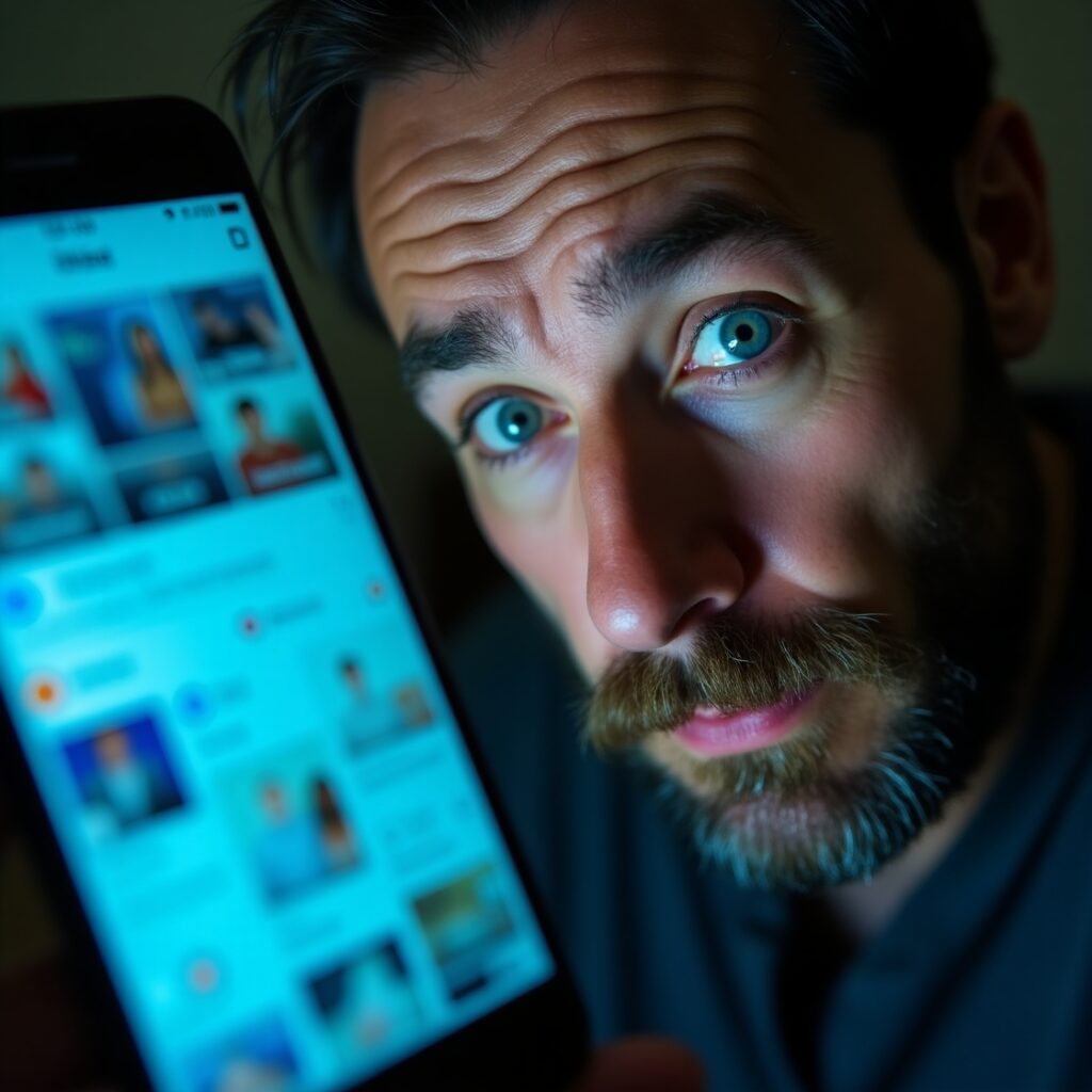 Man looking distressed while scrolling through social media on his smartphone, reflecting the emotional pain of social media stalking after a breakup.