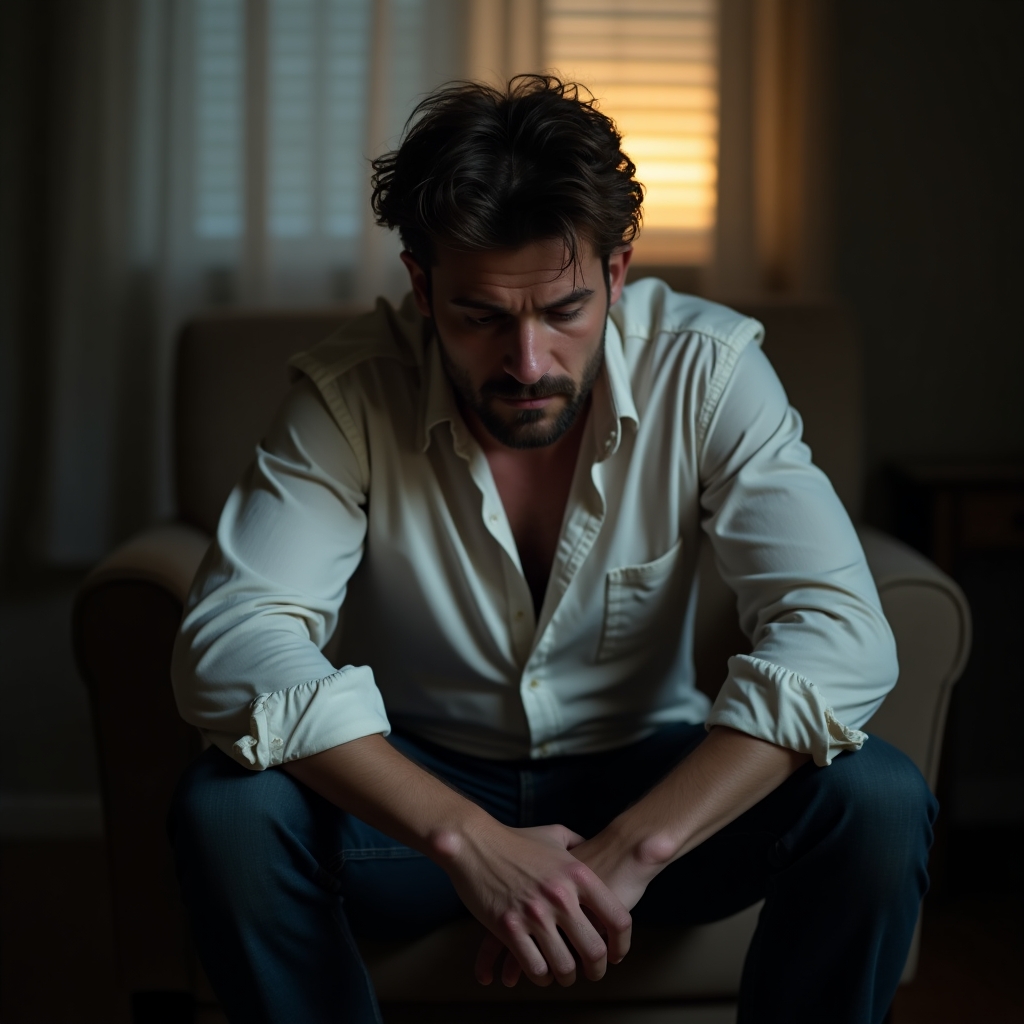 Man sitting alone with his head down, feeling emotionally exhausted while accepting the pain of heartache