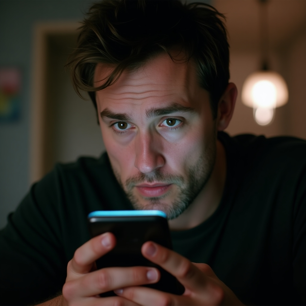 Man staring at his phone, conflicted and emotional, struggling to let go of memories after a breakup